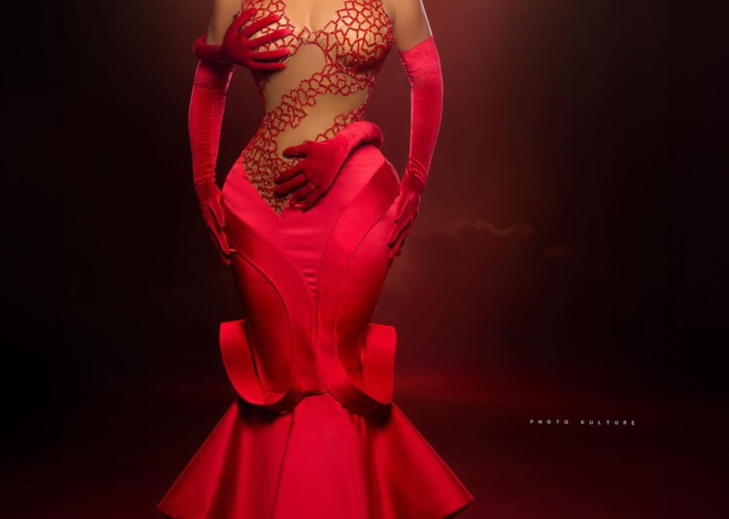 Toke Makinwa Was Fiery in Red Avant-Garde Veekee James Piece for BBNaija Season 9 Finale