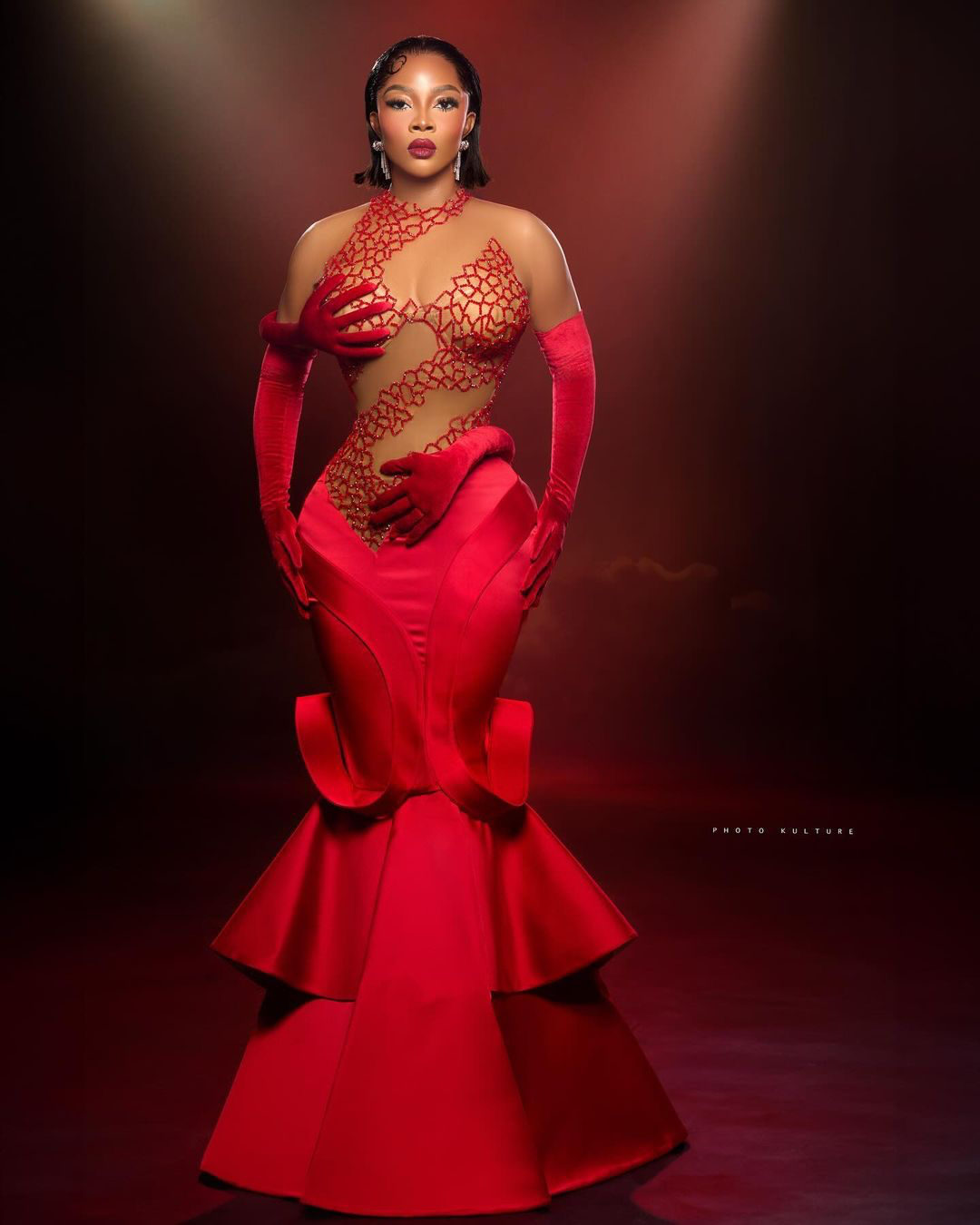 Toke Makinwa Was Fiery in Red Avant-Garde Veekee James Piece for BBNaija Season 9 Finale